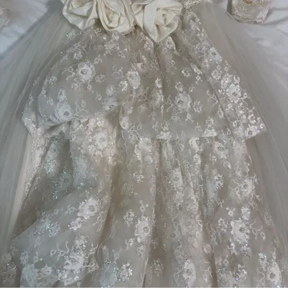 Vintage Ivory Tulle & Lace Flower Girl Dress with Rosette Back & Pearl Detail - Picture 11 of 16